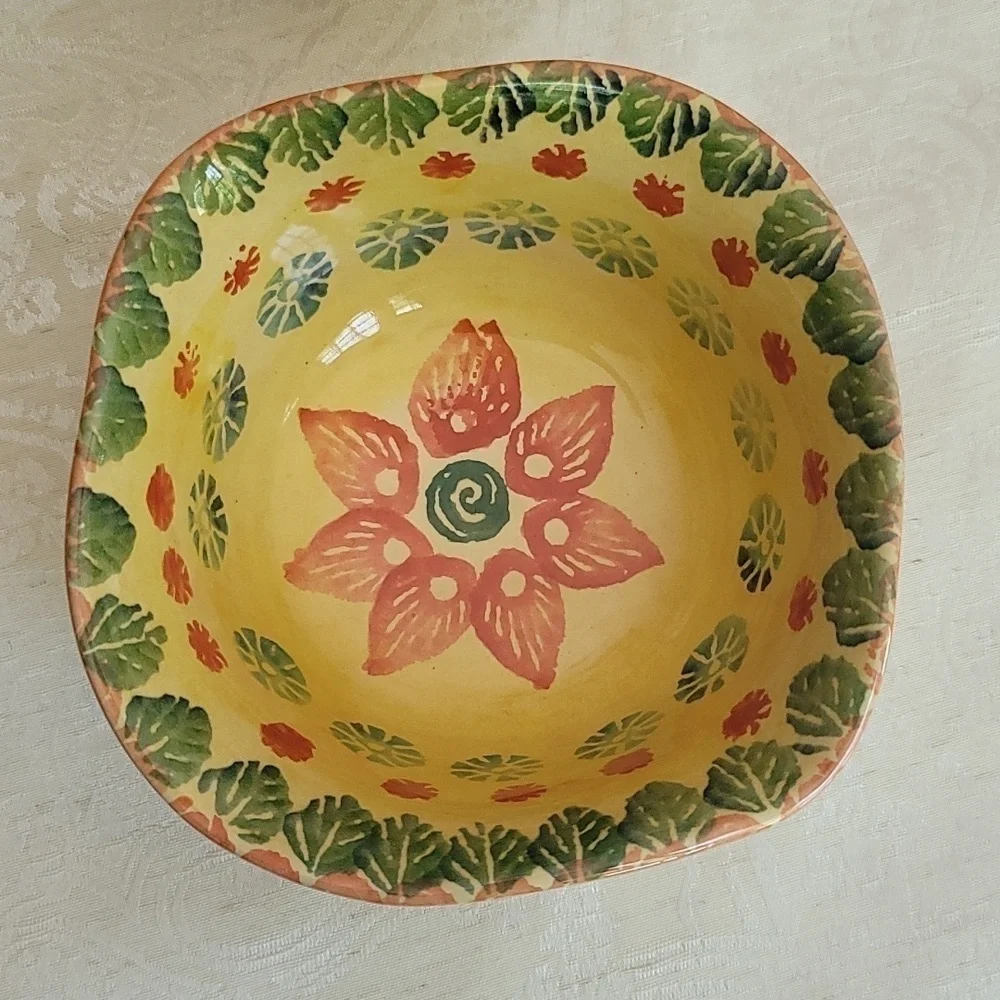 Vintage Hand Painted Pottery Bowls (2) Yellow Floral Print Ruffled Edges 🇮🇹